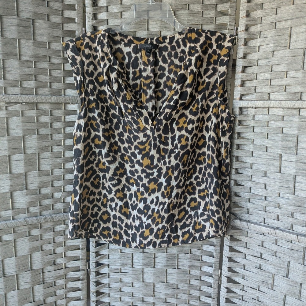 J.Crew Blouse Leopard Animal Print Silk V-Neck Sleeveless Top Sz 12 Chic Office